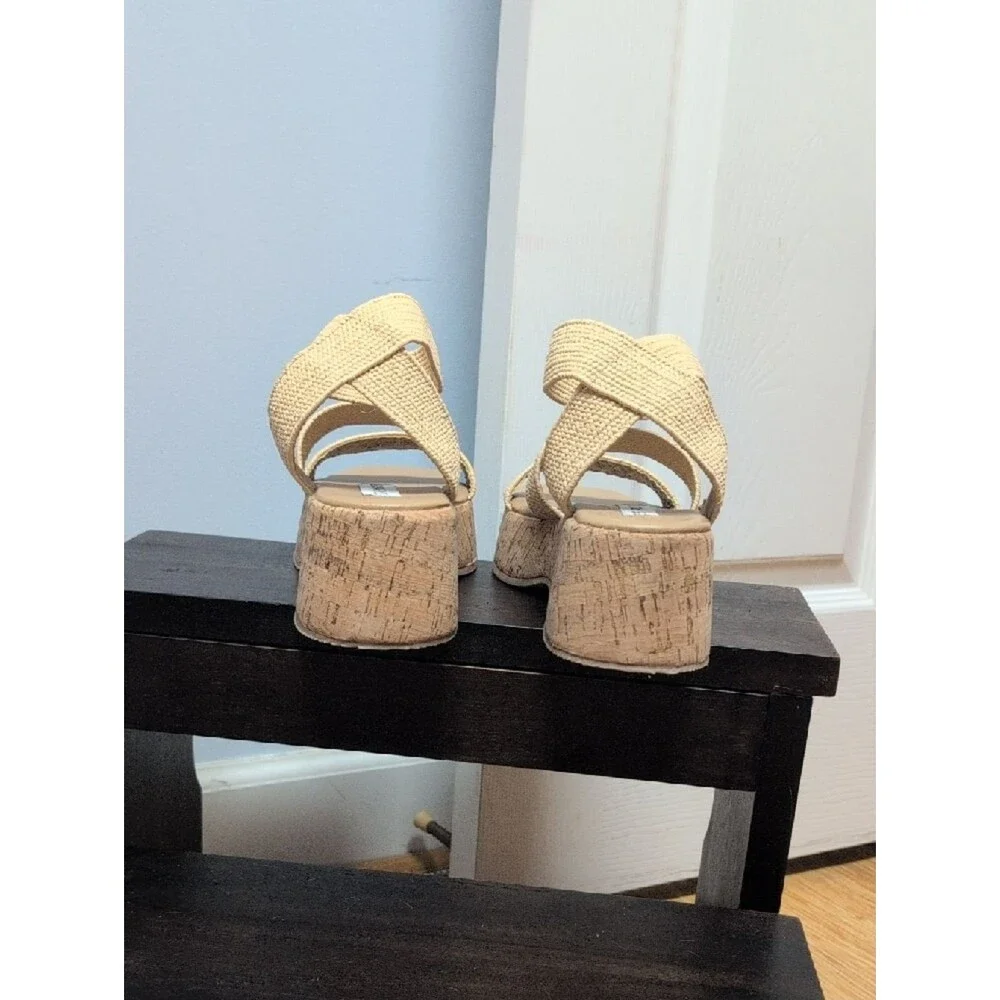 Steve Madden Sashes Raffia Natural Beige Cork Platform Sandals Size 8M NIB